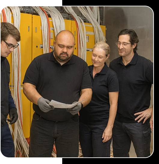 Elektriker diskuterar installationsplan i serverrum